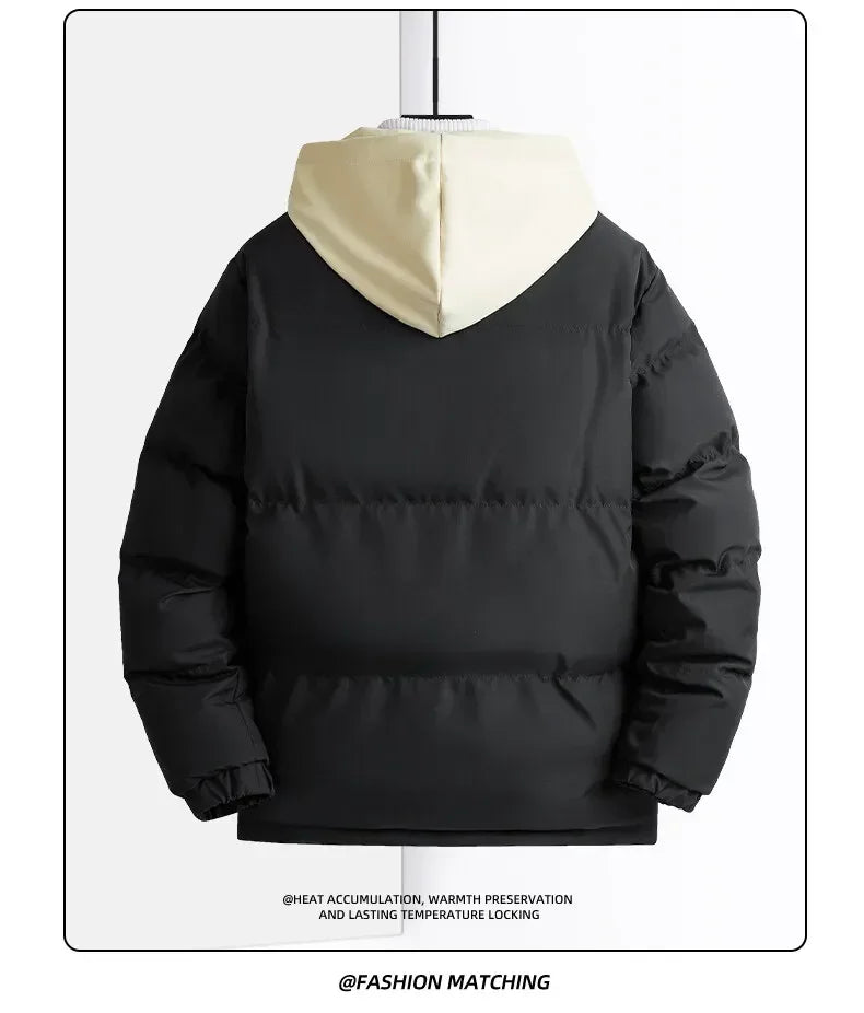 New Solid Color Hooded Collar Male Windbreak Cotton Padded Down Jacket Warm Thick Men Parka Winter Casual Mens Outwear Parkas
