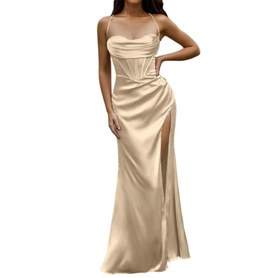 Green Women's Dress Lace Up Backless High Slit Corset Maxi Dress Elegant Vestidos Slim Fishbone Formal Dresses For Wedding Guest