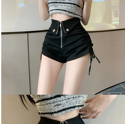 Women's High Waist White Shorts  Summer Spice Girls Drawstring A-line Short Hot Pants  Trendy Lace Up Zip Up Button Down Shorts