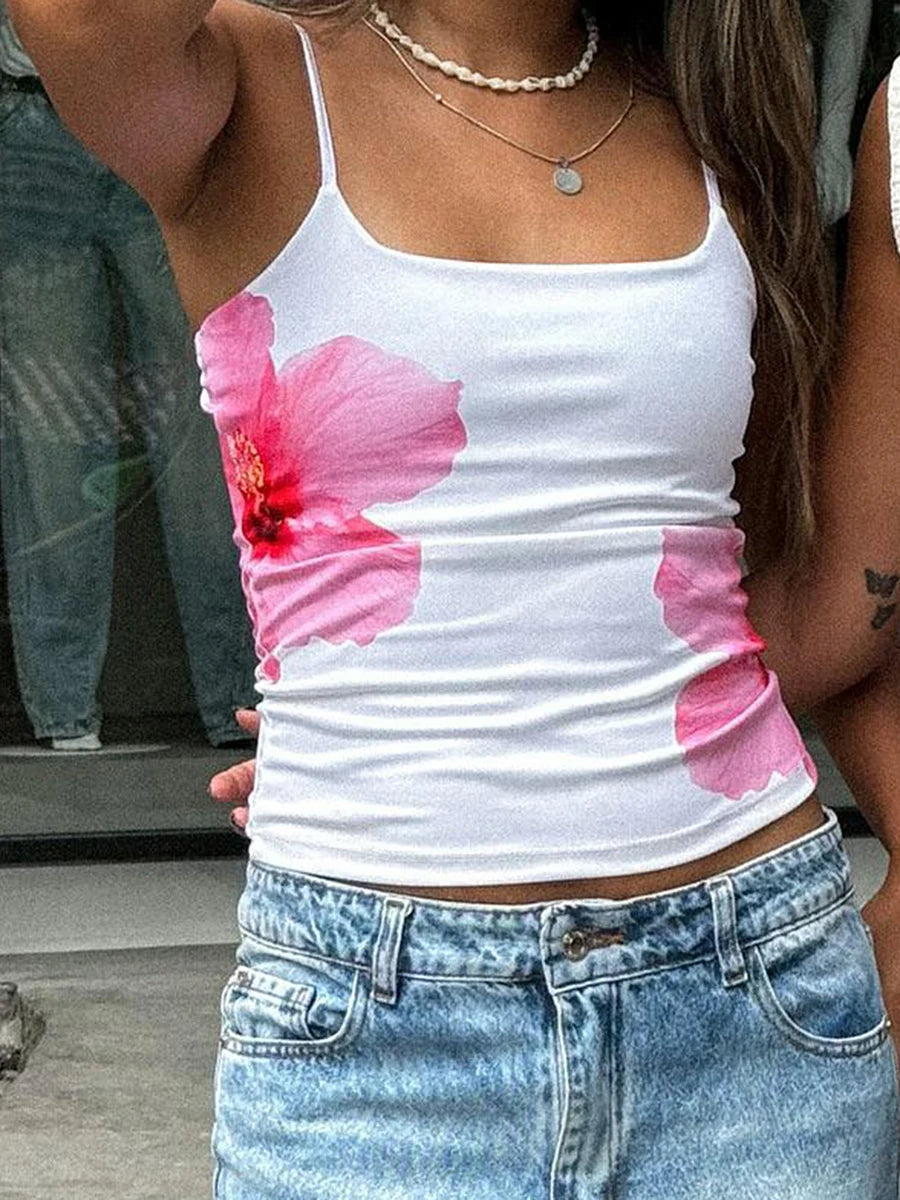 Y2K Aesthetic Women Floral Print Tanks Fairy Grunge Sleeveless Spaghetti Strap Slim Fits Camisole Mini Chic Vest Streetwear ﻿