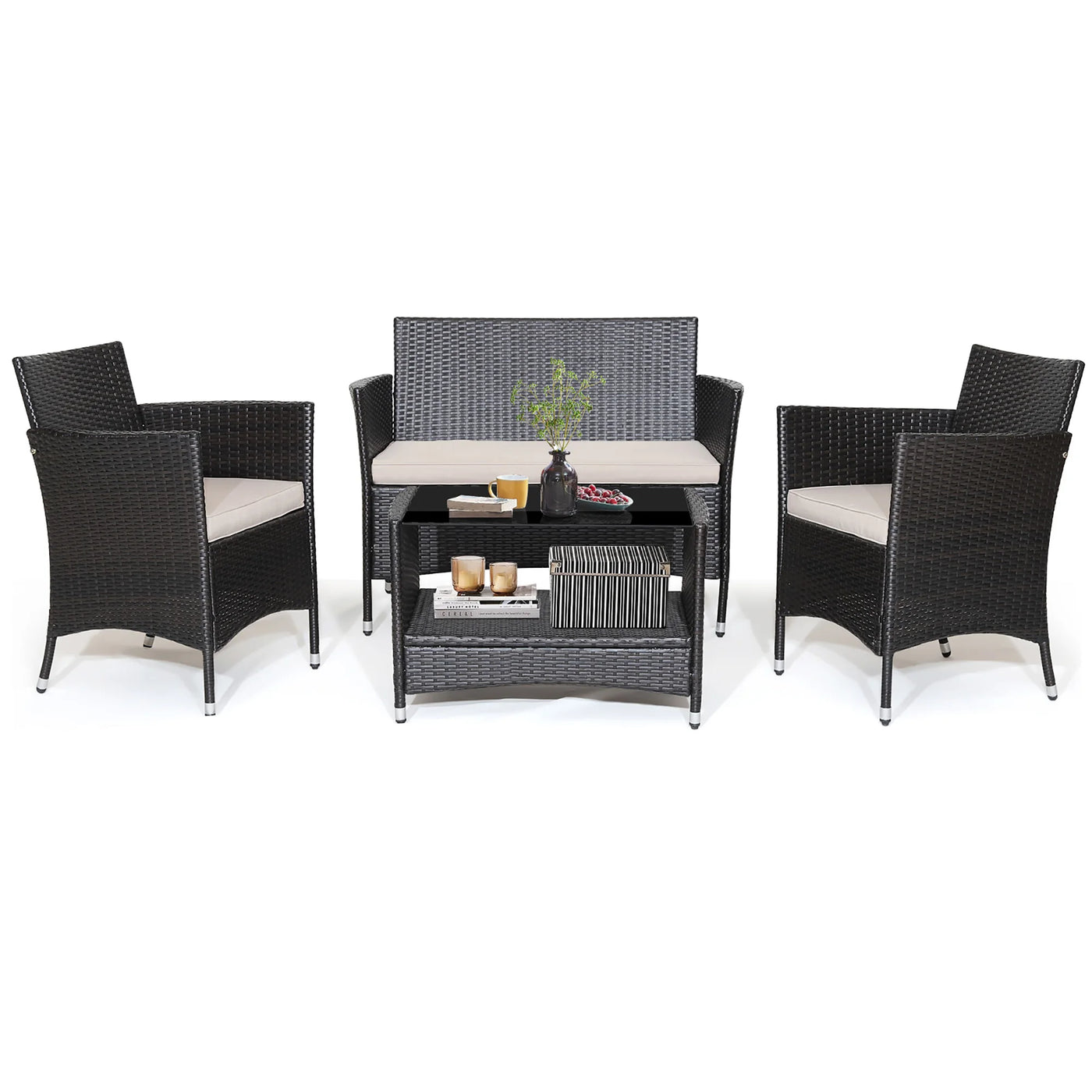 4PCS Patio Rattan Furniture Set Armrest Cushion Sofa Coffee Table withShelf Garden