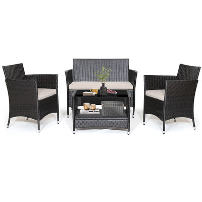 4PCS Patio Rattan Furniture Set Armrest Cushion Sofa Coffee Table withShelf Garden