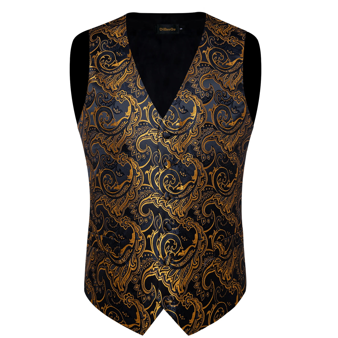 Luxury Golden Color Black Paisley Men's Suit Vest with Pre-tied Bow Tie Pocket Square Cufflinks Wedding Tuxedo Suits Waistcoat