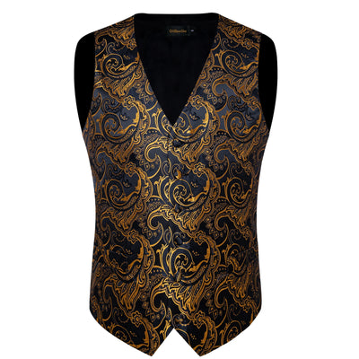 Luxury Golden Color Black Paisley Men's Suit Vest with Pre-tied Bow Tie Pocket Square Cufflinks Wedding Tuxedo Suits Waistcoat