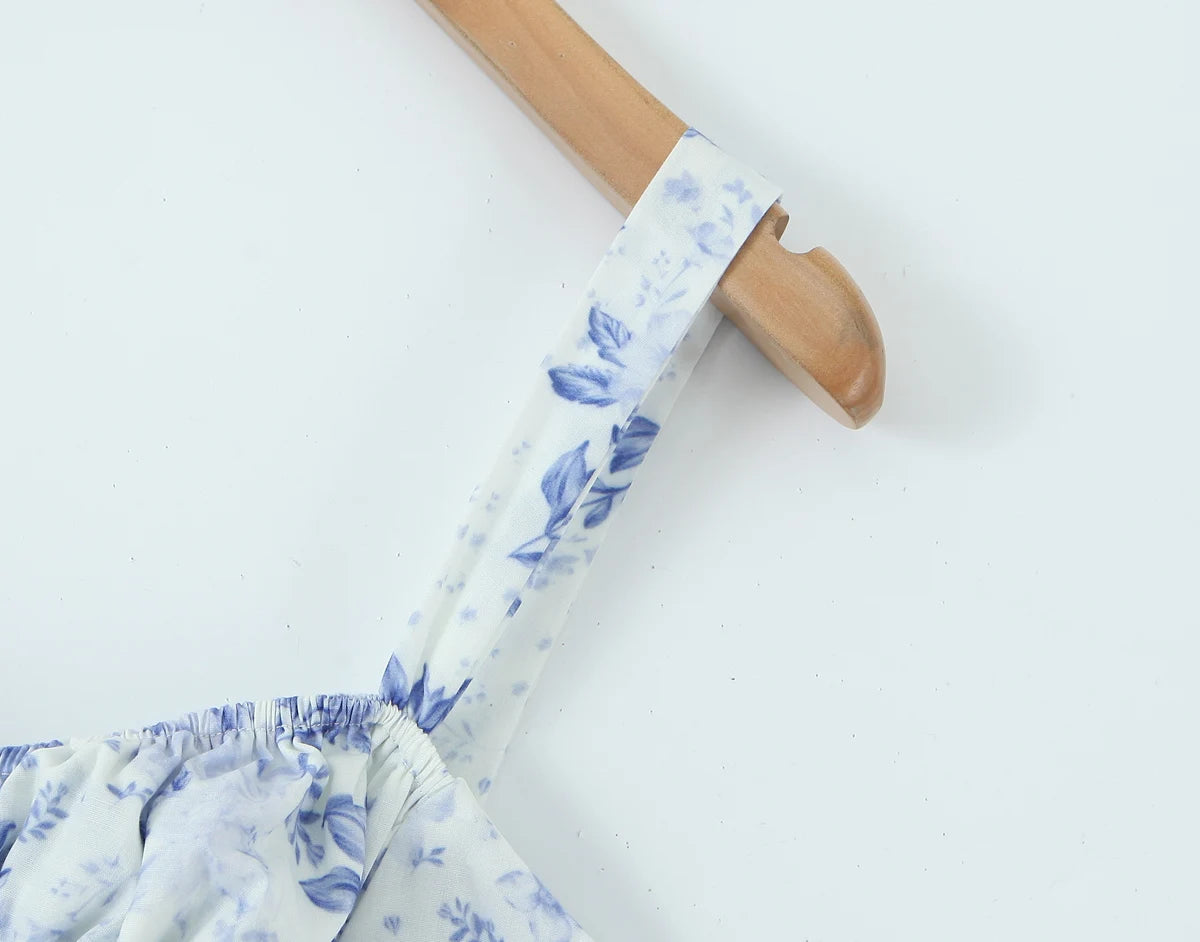 2023 Sexy Ruched Chest Blue White Flower Print Corset Style Sling Dress Cross Lacing up Bandage Back Hem Slit A-Lined Midi Robe