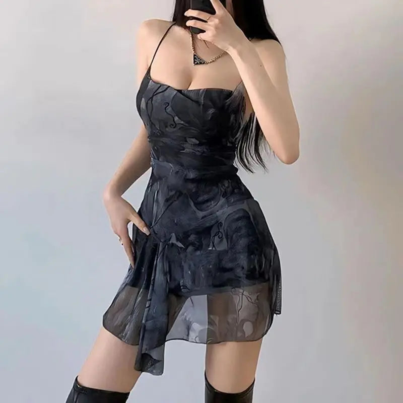 Women Print Mesh Mini Dress Streetwear Chic Sexy Backless Sleeveless Lace Up Cross Dresses A-line Vintage Holiday Y2k Clothing