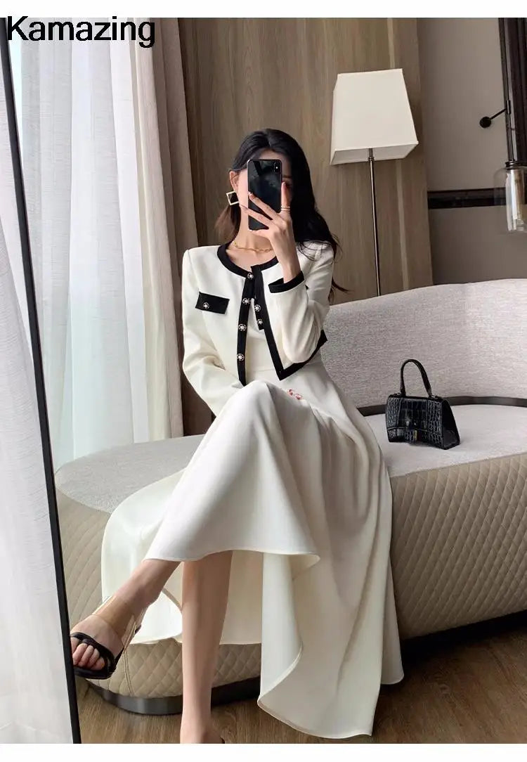 Elegant Solid Midi Dress 2 Piece Set Office Lady Chic Suit Spring Short Jacket Sleveless A-line Dresses Outfits Korean Clothes