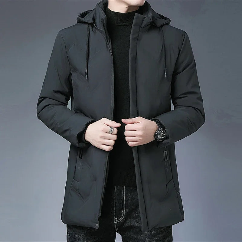 Fashion Men Long Parkas Coat Solid Slim Fit Warm Thicken Jacket Outwear Windproof Coat Hooded Cotton-padded Zipper Windbreaker