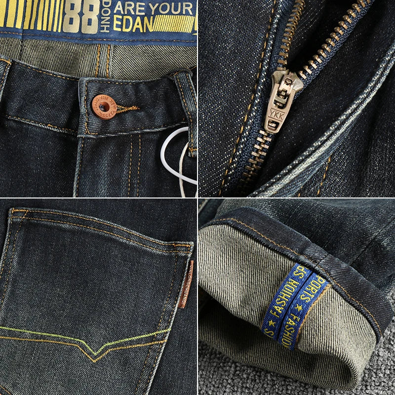 Vintage wash blue to do old simple embroidered jeans men fit small straight leg American trend personality youth pants