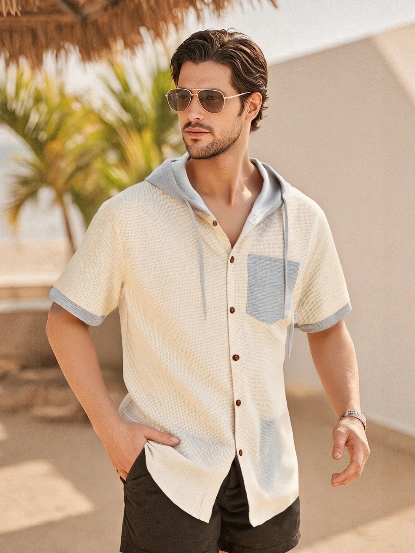 Men s Patchwork Drawstring Hooded Button Down Short Sleeve Waffle Hoodies T-Shirts Casual Tops for Summer Fashion Style