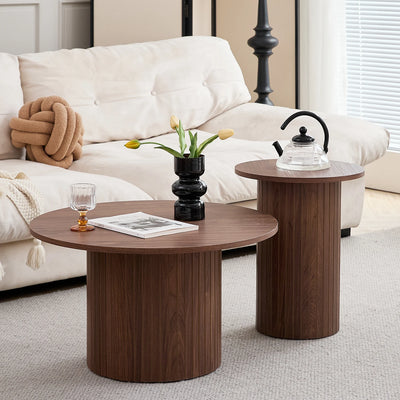 Set of 2 Nordic Style Wooden Round Coffee Table Set, Wooden Nesting Coffee Table, for Living Room/Bedroom Furniture