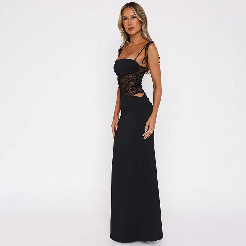 Sexy Bandage Mesh Patchwork Long Dress for Women Lace-up See-through Asymmetrical Evening Party Dresses Lady Gowns High Street