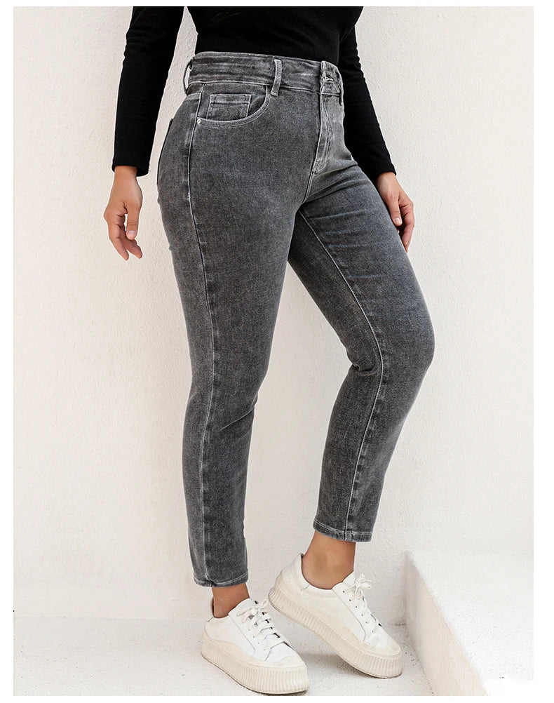 Plus Size Gray Jeans for Women Stretchy High Waist Mom Jeans Harem Full Length Washing Denim Jeans Curvy Fitting 100 Kgs Jeans