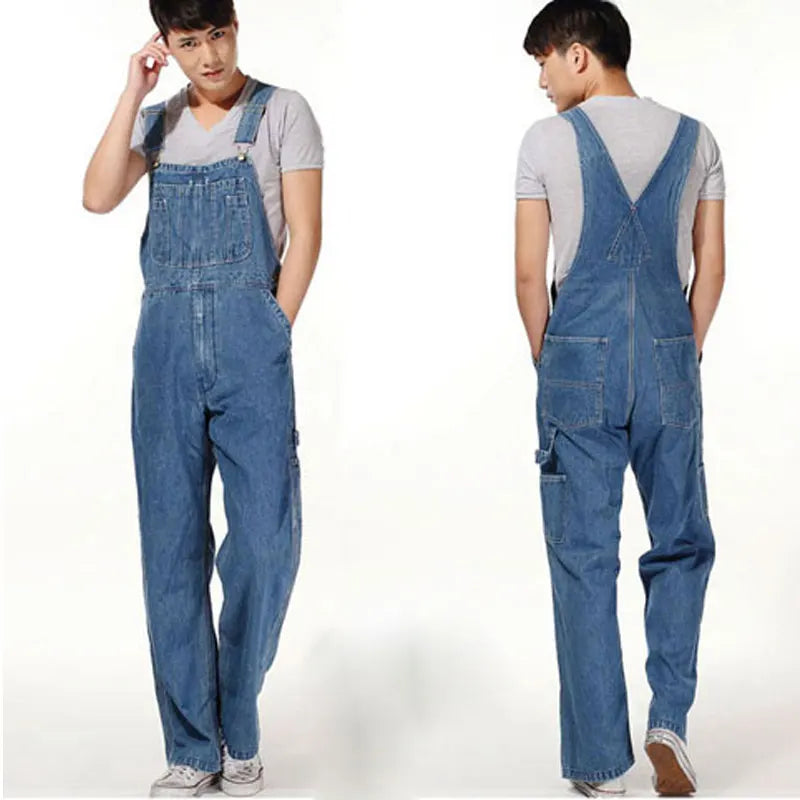 Men's Overalls Jumpsuit Large Size Strap Straight Blue Jeans With 7 Pockets