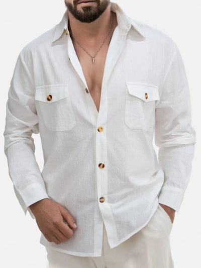 Men's Cotton Linen Shirts Turn Down Collar Solid Hawaiian Shirt Lightweight Breathable White Shirt Casual Large Size Streetwear