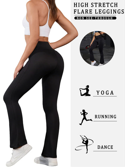 Women's Super Soft Flare Pants with Pockets High Waisted Tummy Control Workout Yoga Push Up Gym Fitness Leggings Bell Bottoms