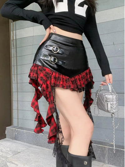 Faux Leather Mini Skirt with Plaid Ruffle Lace Trim Heart-Shape Buckle Asymmetrical Miniskirt Teen-girl e-girl Y2k Grunge Outfit