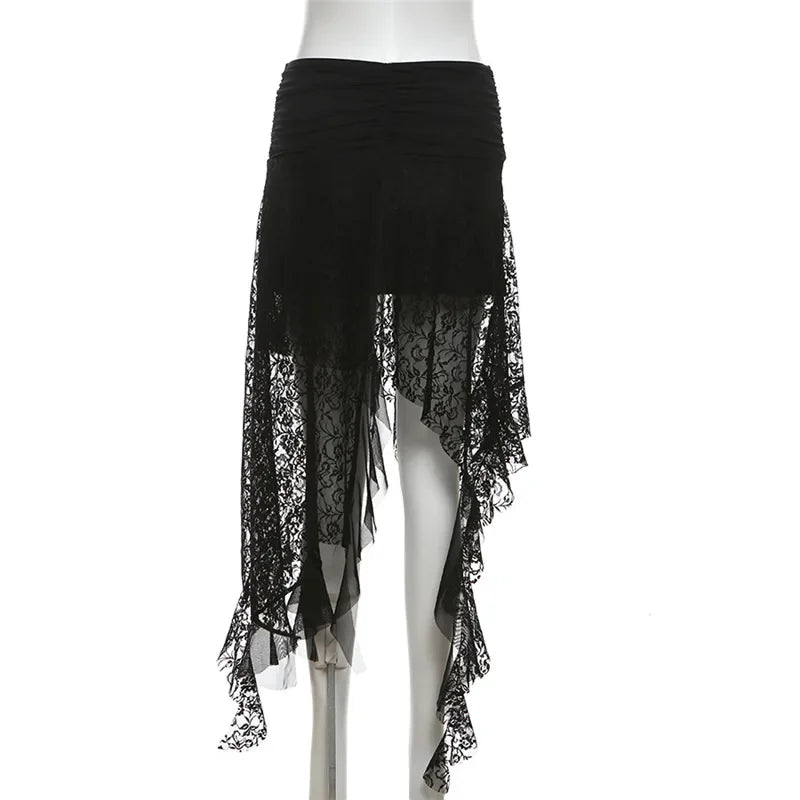 Y2K Goth Dark Irregular Hem Lace Patchwork Mid Skirts Women Streetwear Fairy Slim Pleat A-line Skirt Mall Goth Fashion Bottoms