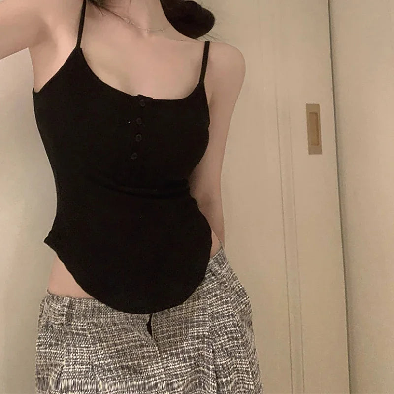 1PC Summer Solid Color Button Irregular Camisole Y2K Women Sleeveless Slim Tank Top Spring Casual Streetwear Female Sexy Vest
