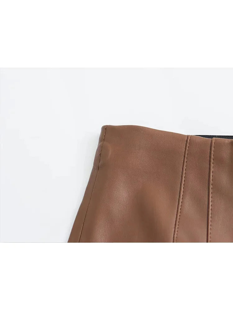 TRAFZA 2024 Women's Faux Leather Pants High Waist Straight Leg Trousers Fashion Female Streetwear Stylish Stretch Pencil Pants