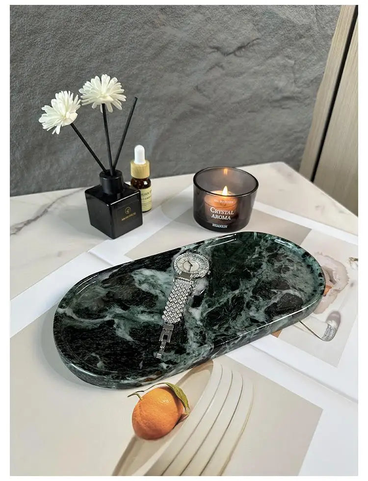 Luxury Green Marble Oval Tray: Bathroom Organizer & Fruit Serving Platter, Waterproof Stone Decor for Hotel Spa Home Kitchen