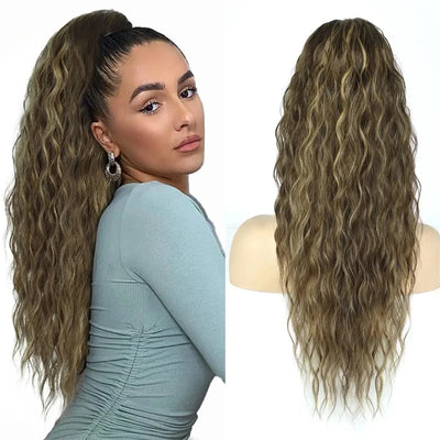 Curly Wavy Drawstring Ponytail Extension Long Clip In Ponytail Hair Extensions for Black Women Blonde Synthetic Fake Hairpieces