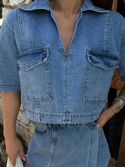 Women’s 2 Piece Denim Outfits Short Sleeve Lapel Jean Tops and Asymmetrical Shorts Set Streetwear