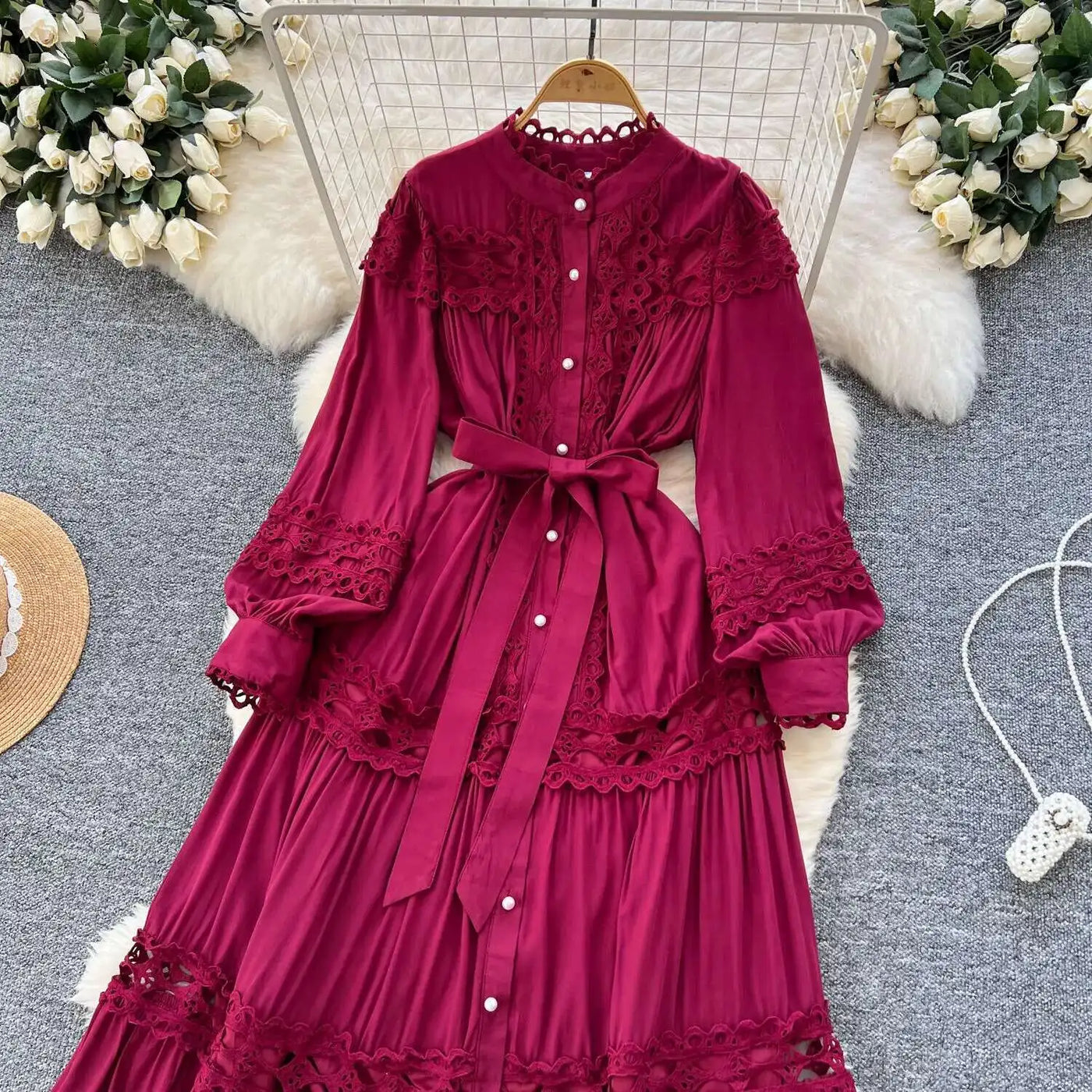 Elegant Long Maxi Hollow Out Dress Shirt Women Summer Autumn Palace Retro Pearl Button Embroidery Crochet Evening Party Vestidos