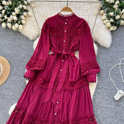 Elegant Long Maxi Hollow Out Dress Shirt Women Summer Autumn Palace Retro Pearl Button Embroidery Crochet Evening Party Vestidos