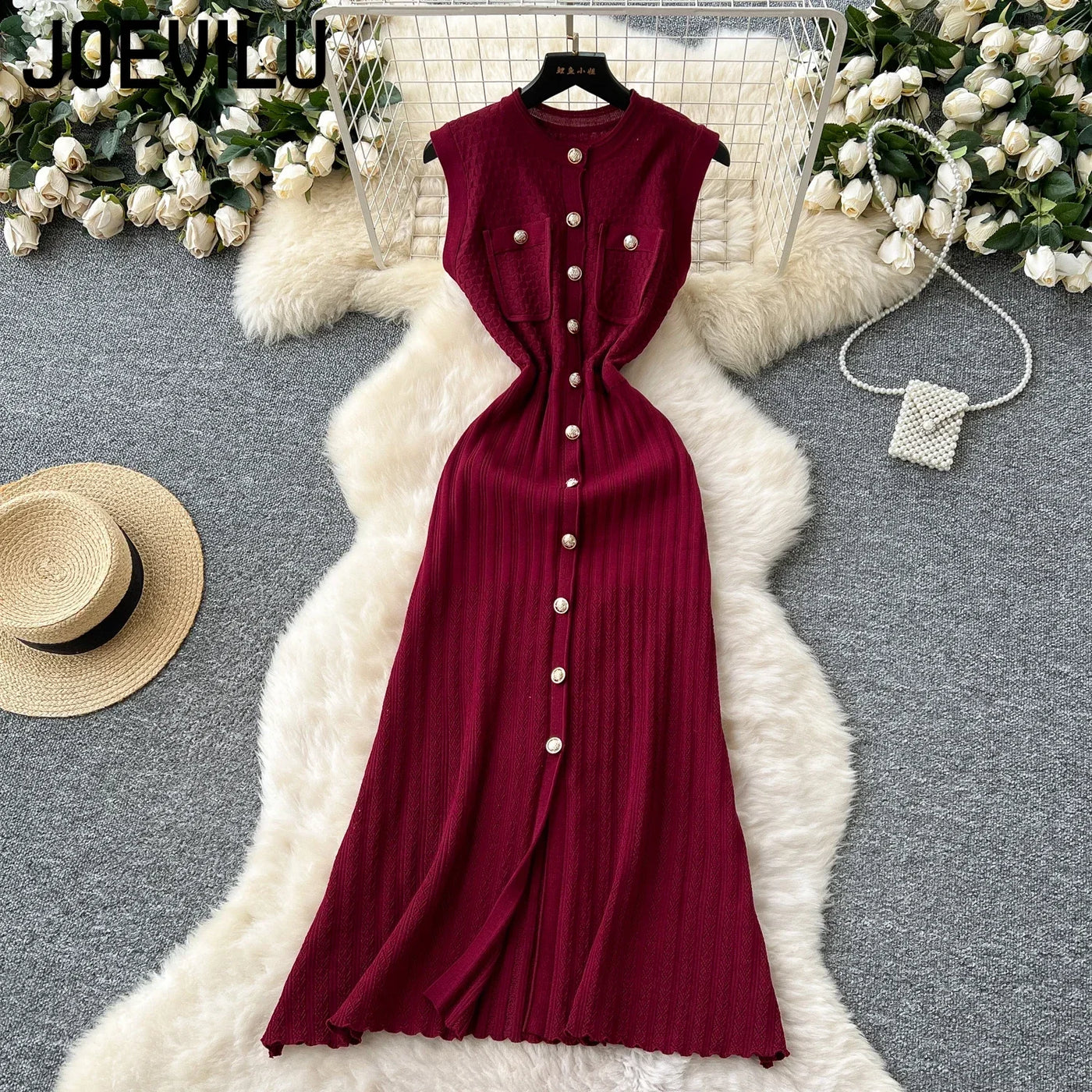 Women's Round Neck Sleeveless Dress Single-breasted Chic Elasticated Waist Slim Long Skirt   New High Quality Knitted Dress
