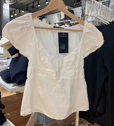 Lace Three-button Plaid Puff Sleeve Short Sleeve T-shirt Women's Summer Sweet Preppy Style Slim Shirt V-neck Short Tops Y2k