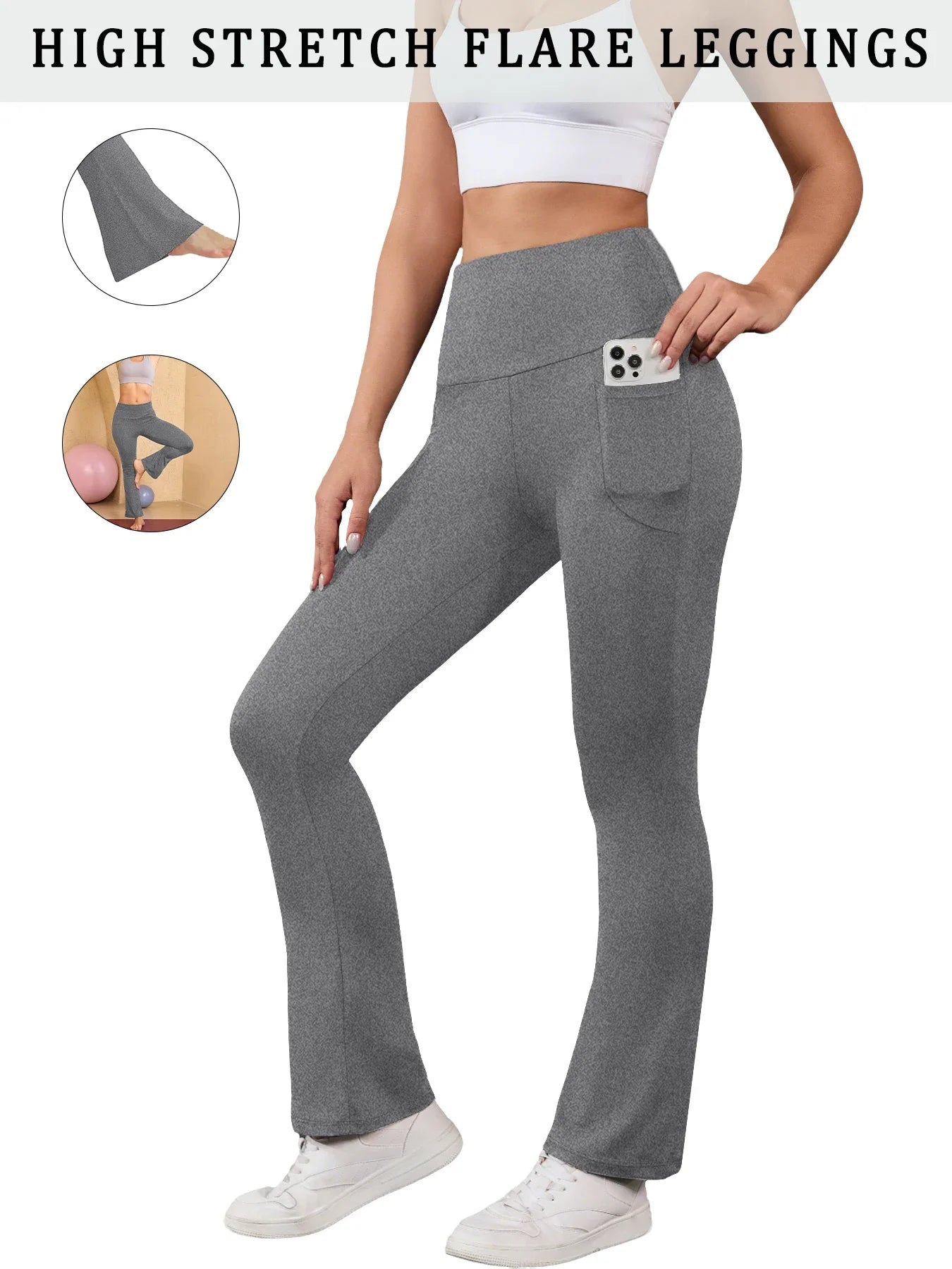 Women's Super Soft Flare Pants with Pockets High Waisted Tummy Control Workout Yoga Push Up Gym Fitness Leggings Bell Bottoms