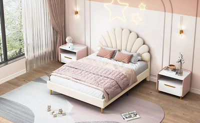 Double bed 140x200 cm, upholstered bed with flower-shaped headboard and slatted frame, stable bed frame, children's bed
