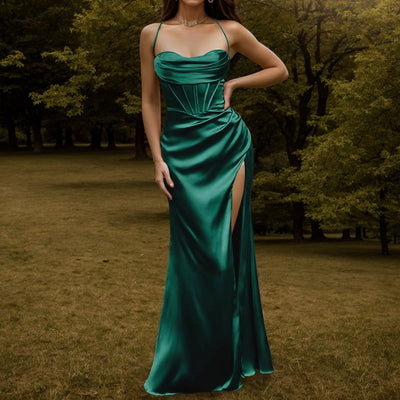 Green Women's Dress Lace Up Backless High Slit Corset Maxi Dress Elegant Vestidos Slim Fishbone Formal Dresses For Wedding Guest