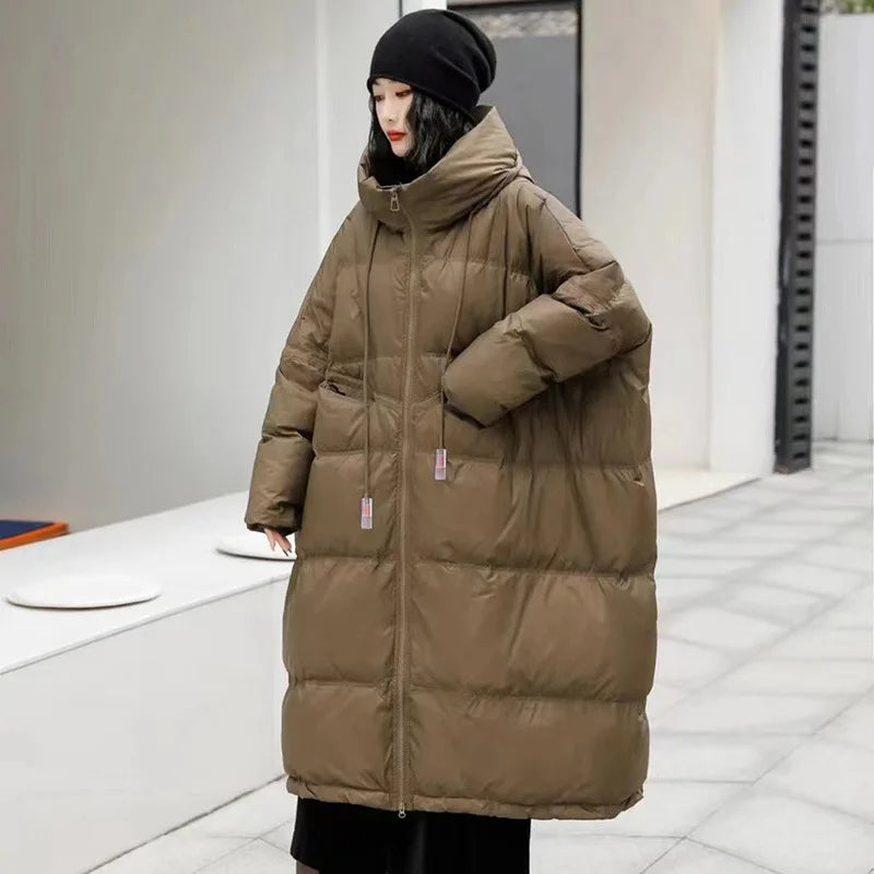 Winter Hooded Drawstring Loose Puffer Jacket Women Solid Oversize Casual Silhouette Long White Duck Down Warm Coat 2024 New Coat