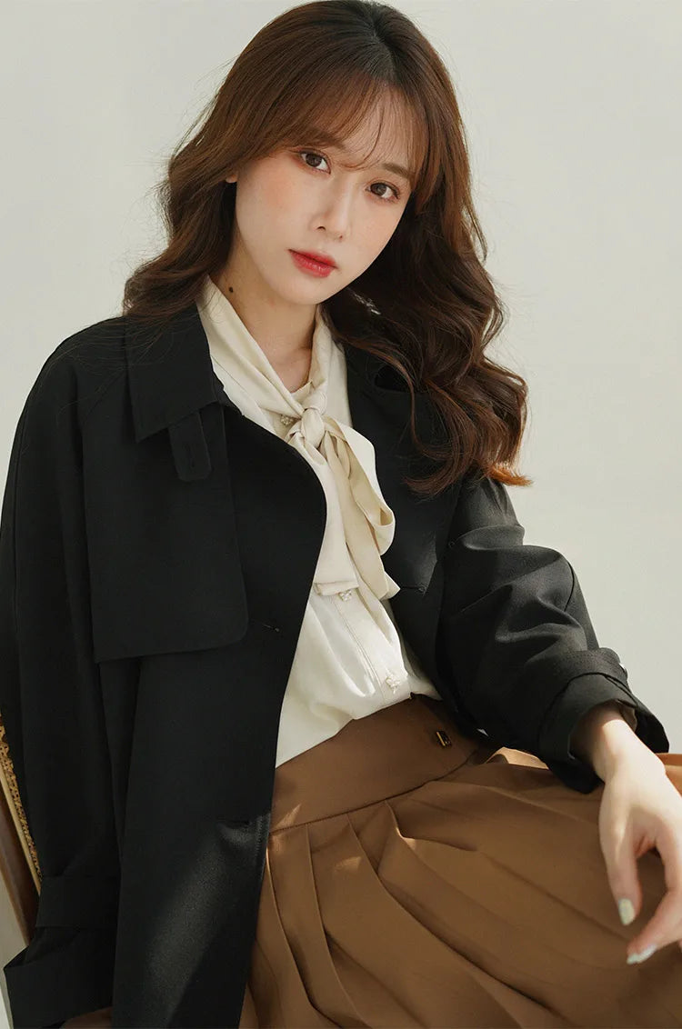 Women Spring Fall Short Trench Coat Korean Style Loose Fit Casual Khaki Jacket Petite-Friendly Versatile and Stylish Outerwear