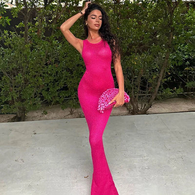 TARUXY Sexy See Through Sequins Maxi Dress For Women Beach Holiday Dress Sleeveless Elegant High Waist Bodycon Hot Girl Outfits