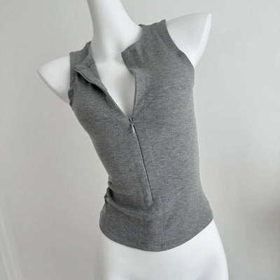 Women's Sleeveless Zip-Up Crop Top Korean Style Slim Fit Summer Vest Sexy Casual Camisole for Women Fashion Streetwear Basic Tee