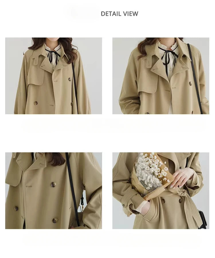 Women Spring Fall Short Trench Coat Korean Style Loose Fit Casual Khaki Jacket Petite-Friendly Versatile and Stylish Outerwear