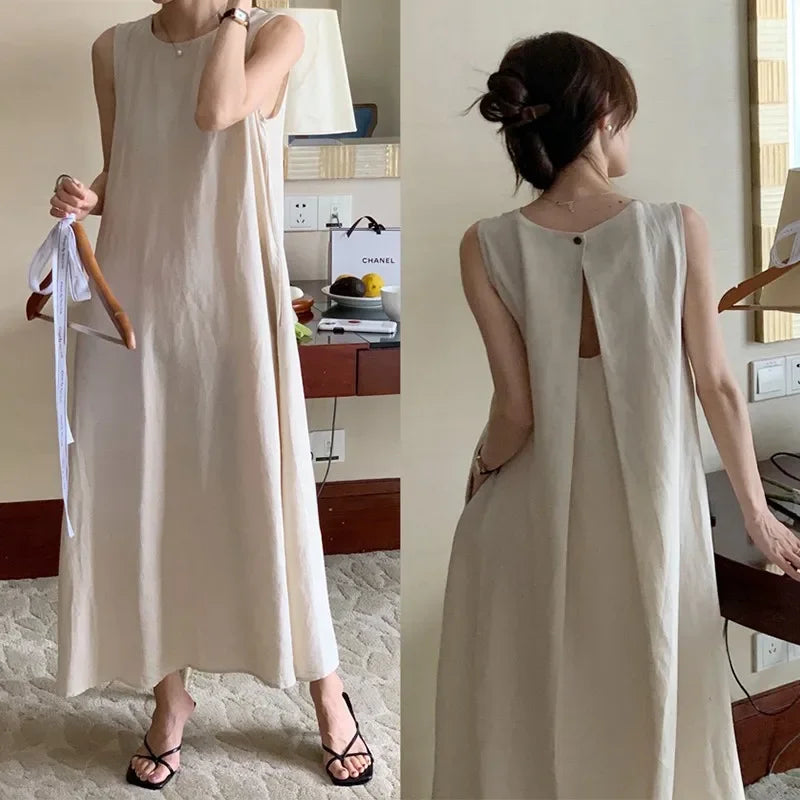 Hebe Style French Sleeveless Hollow out Vest Unique Elegant Black Summer Long Dress Women Backless Dress round Neck Ankle-length