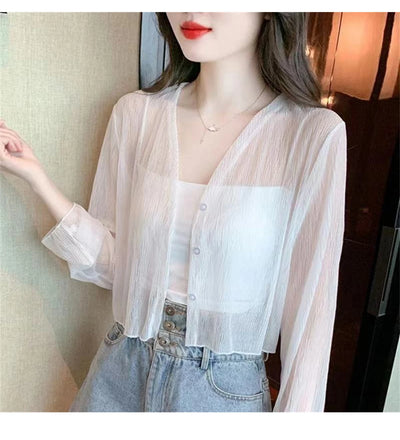 Ice silk sun protection clothing for women in summer, thin chiffon cardigan with camisole skirt, outer cover, small shawl jacket
