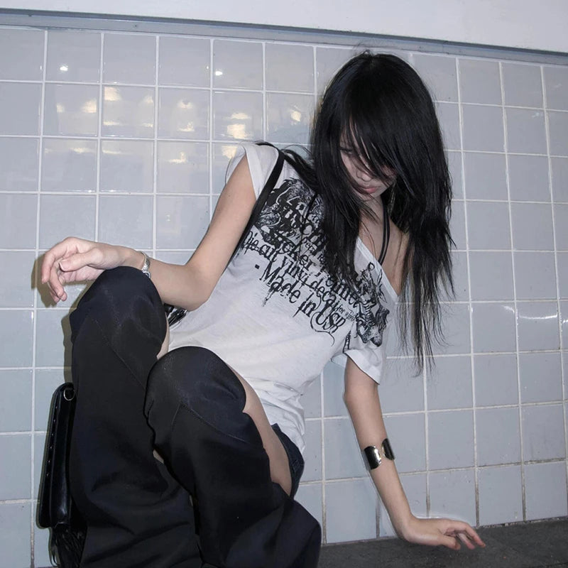 Karrram Japanese Y2k Letter Print T-shirt Trashy 2000s Style Tattoo T Shirt Vintage Harajuku Short Sleeve Sheer Tops Grunge Goth