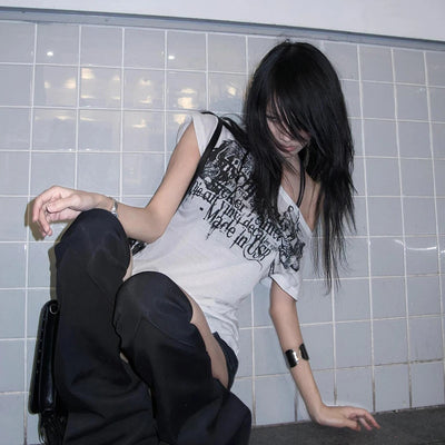Karrram Japanese Y2k Letter Print T-shirt Trashy 2000s Style Tattoo T Shirt Vintage Harajuku Short Sleeve Sheer Tops Grunge Goth