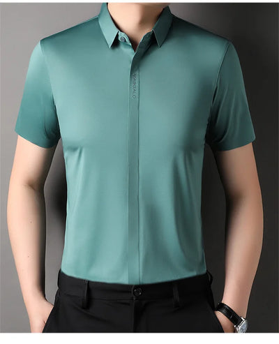 Summer New High-grade Hidden Button Men's Light Luxury Short Sleeve Shirts Men High Elastic Business Anti-wrinkle Ice Silk Shirt