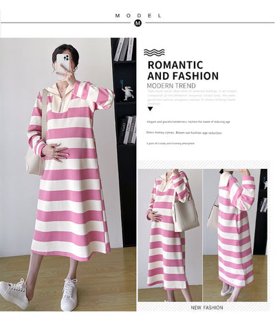 2025 Spring Clothing New Arrival K-style Plus Size Maternity Stripes Dress Fashionable Mom Pullover Sweatshirt Lapel Long Skirt