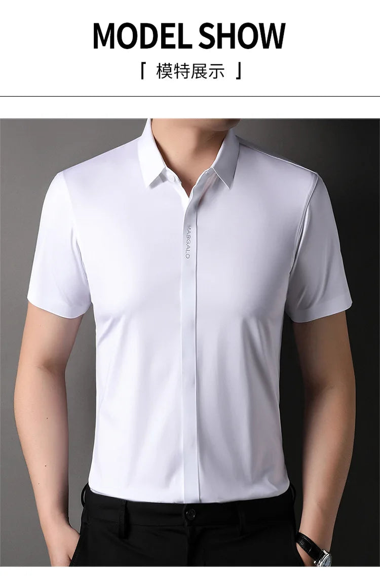 Summer New High-grade Hidden Button Men's Light Luxury Short Sleeve Shirts Men High Elastic Business Anti-wrinkle Ice Silk Shirt