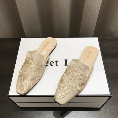 Women's Mules Slippers Summer Footwear Flats Retro Chinese Style Flowers Elegant Dress Low Heel Sandals Designer Slides on sales