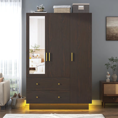 Modern Wooden Armoire Wardrobe Closet with Hanging Rod for Bedroom, 3 Door Wardrobe Closet with Mirror & LED Lights,White