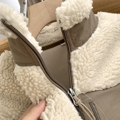 Autumn Winter Lambswool Coat Male Loose Windproof Warm Sherpa Stand Collar Polar Fleece Jacket Unisex Simple  Pocket Spliced Top