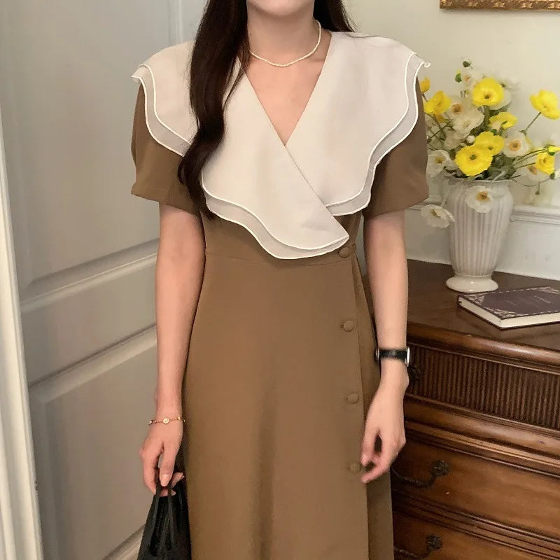 Women Summer Vintage Long Wrapped Dress 2024 New Female Double Layer Ruffled Collar Lacing Up Slim Waist Sundress
